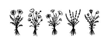 Beş eşsiz çiçek aranjmanı farklı çiçek ve yeşillik türlerini sergiliyor, sanatsal çizgileri vurguluyor ve monokromatik bir tarzı var, tasarım ilhamı için mükemmel..