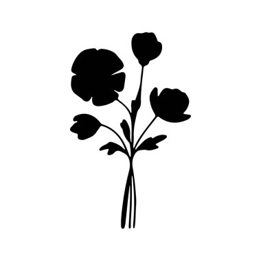 Bir çiçek buketinin narin siyah silueti farklı çiçek ve yaprakları gösterir. Zarif tasarım temiz beyaz bir arkaplanda göze çarpan bir görsel yaratıyor..