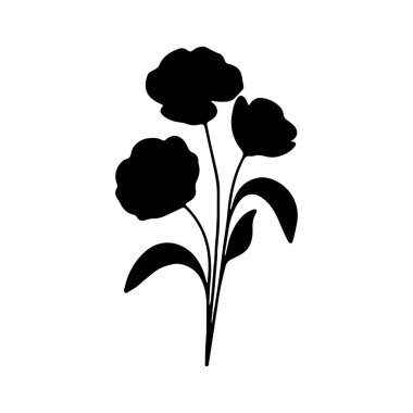 Siyah bir siluet, gür yaprakların arasında zarif bir şekilde duran üç stilize çiçeğe sahiptir. Tasarım, çeşitli dekoratif kullanım için mükemmel bir minimalist estetiği vurguluyor..