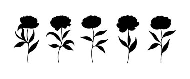 Beş zarif dizayn edilmiş çiçek silueti düz bir arkaplana karşı bir sırada duruyor. Her çiçek, minimalist sanattaki doğal güzelliği vurgulayan farklı şekil ve ayrıntılara sahiptir..