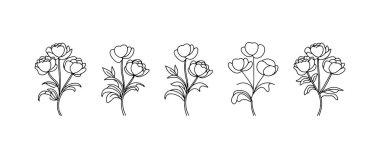 Siyahla özetlenmiş beş zarif çiçek deseni koleksiyonu. Her çiçek sapı, çeşitli sanatsal kullanımlar için uygun uyumlu bir düzenleme oluşturan birden fazla çiçek ve ayrıntılı yapraklar içerir..
