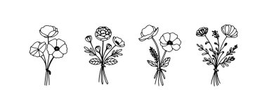 Bu koleksiyonda, her biri farklı çiçek çeşitlerine sahip, şekillerini ve düzenlemelerini vurgulayan dört eşsiz çiçek çizimi yer alıyor. Tasarım ilhamı ya da dekor için mükemmel.