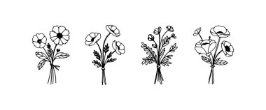 Dört farklı çiçek aranjmanı, dekorasyon veya tasarım ilhamı için mükemmel, minimalist siyah-beyaz bir illüstrasyon tarzında çeşitli çiçekler sergiler..