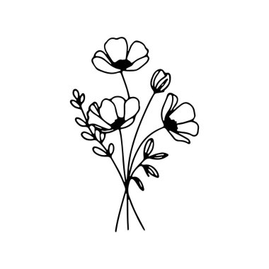 Siyah ve beyaz bir çizimde ince saplı ve küçük yapraklı üç yumuşak çiçek yer alır. Karmaşık çizgiler, çeşitli kullanımlar için mükemmel minimalist ama zarif bir tasarım yaratıyor..