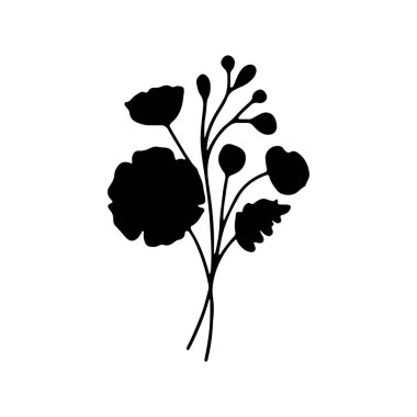 Farklı çiçek buketleri ve sapları olan karmaşık bir siluet, düz bir arkaplan üzerine kurulmuş. Sanat eserleri doğanın zarafetini minimalist bir tarzda ön plana çıkarıyor..