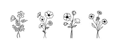 Çiçeklerin zarif çizimleri, minimalist bir dizaynda çeşitli tipleri sergiler. Her küme, sanat ve tasarım projelerinde ilham kaynağı olmak için idealdir..