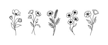 Beş farklı çiçek deseni, beyaz arka planda karmaşık çizgiler içeren çeşitli çiçekler sergiliyor. Her illüstrasyon kendine has güzellik ve tarzını temsil eder..