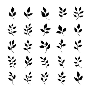 Sanatsal uygulamalar için modern ve stil tasarım unsurları gösteren siyah yaprak siluetleri beyaz bir arkaplan karşısında ızgara biçiminde düzenlenmiştir..