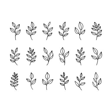 Sıraya dizilmiş çeşitli yaprak desenleri içeren basit çizgi çizimleri koleksiyonu. Bu çizimler yaratıcı projeler, dekorasyon ve doğadan esinlenilmiş tasarımlar için uygundur..
