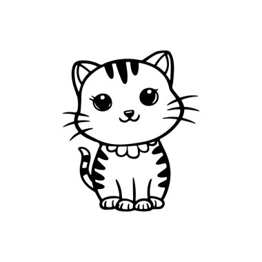 Çizgili çizgili ve büyük anlamlı gözleri olan büyüleyici bir çizgi film kedisi sabırla oturur. Oyuncu tavrı ve basit taslağı minimalist bir tarzda hoş bir karakter yaratır..