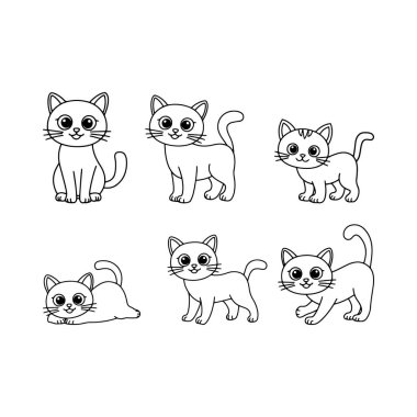 Sevimli çizgi film kedilerinin bir koleksiyonu birden fazla oyuncu pozlarda sergilenir. Her kedinin farklı yüz ifadeleri ve duruşları var. Canlı ve eğlenceli doğalarını sergiliyorlar..