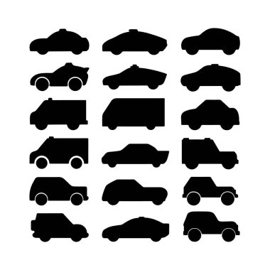 Çeşitli araba siluetleri bir ızgaraya dizilir, farklı tip ve stiller sergilenir. Siyah şekiller, yaratıcı projeler ve çizimler için uygun temiz bir tasarım sunuyor..