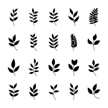 Sıra sıra dizilmiş, farklı şekiller sunan eşsiz yaprak tasarımları koleksiyonu. Bu siyah siluetler, yaratıcı projeler için mükemmel beyaz bir arkaplan üzerine kuruludur..