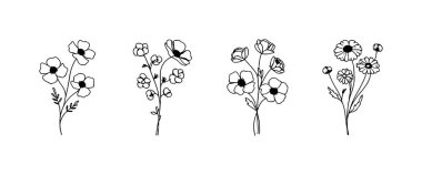 Zarif çiçek tasarımları farklı çiçek türlerine sahiptir, her biri eşsiz şekillere ve detaylara sahiptir, temiz, beyaz bir arka planda sanatsal bir şekilde düzenlenmiştir, büyüleyici bir estetik oluşturur..