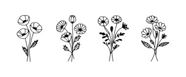 Çiçek koleksiyonunda dört farklı çiçek aranjmanı sergileniyor. Basit ama zarif bir sanat tarzı. Tasarım ilhamı veya dekorasyon için mükemmel..