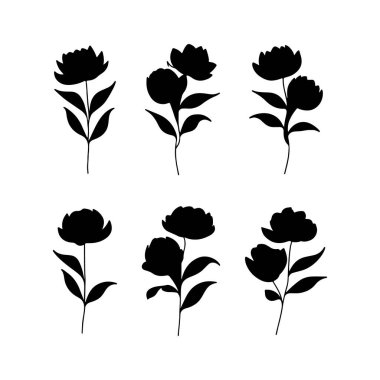 Beyaz arkaplanda, çeşitli yaratıcı projeler için ideal, temiz çizgiler ve şekillerle zarif tasarımların vurgulandığı altı farklı çiçek siluetinden oluşan bir koleksiyon sergilenmektedir..