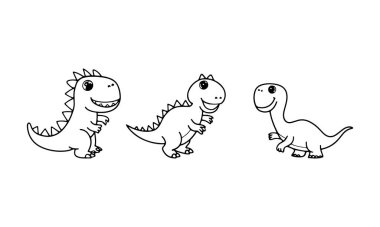 Üç sevimli dinozor çizimi, çizgi film tarzı çocukların boyama sayfaları için mükemmel tasarımlar sergiliyor. Her dinozor eşsiz bir duruş ve ifadeye sahiptir, yaratıcılığı davet eder..