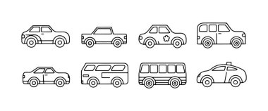 Arabalar, kamyonlar, kamyonlar ve ambülanslar da dahil olmak üzere çeşitli araç tiplerini gösteren bir çizim dizisi, farklı tasarım ve şekilleri vurguluyor..