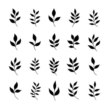 Sanat ve tasarım projelerinde kullanılabilecek farklı şekil ve boyutları gösteren bir ızgara düzeninde çeşitli siyah yaprak desenleri koleksiyonu düzenlenmiştir..