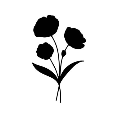 Çiçek açan bir bitkinin çarpıcı siyah siluetinde üç kalın taç yaprağı ve ince yapraklar sergileniyor. Bu tasarım doğanın güzelliğini ve zarafetini minimalist bir şekilde yakalar..