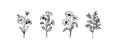 Hassas çiçek tasarımlarında siyah çizgili sanat tarzında çizilmiş birden fazla bitki bulunur. Her illüstrasyon sanatsal takdir için eşsiz şekiller ve özellikler sunar..