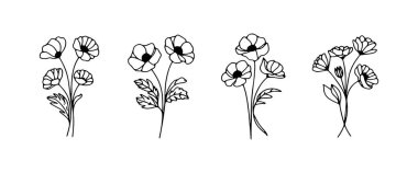 Çiçek çizimlerinden oluşan bir koleksiyonda her biri eşsiz şekil ve ayrıntıları gösteren dört farklı çiçek dizaynı yer alıyor. Zarif siyah çizgiler beyaz arkaplana karşı güzelce tezat oluşturuyor..