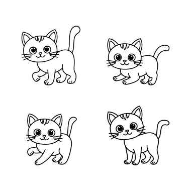 Her biri farklı ifadelere sahip dört çizgi film kedisi çeşitli oyuncu duruşlarda gösterilir. Bu sevimli tasarımlar çocukların boyama aktiviteleri ve çizimleri için mükemmel..