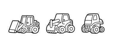 Basit, çizgi film tarzı bir çizimde üç inşaat aracı sergileniyor. Bunlar arasında bir buldozer, bir yol silindiri ve eğitim amaçlı ideal bir kazıcı yer alıyor..