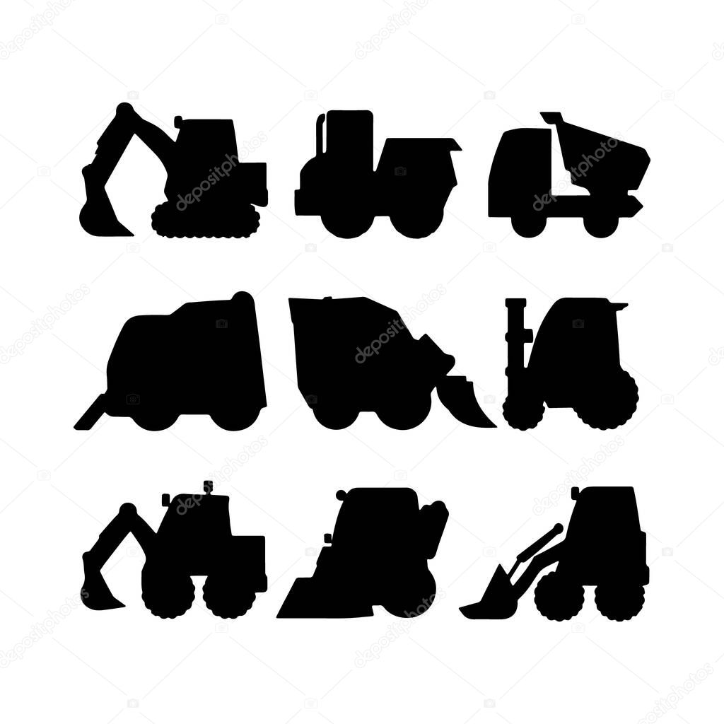 Various silhouettes of construction machinery displayed in a grid format highlight the diversity of equipment used in building and excavation work, emphasizing their shapes and functions.