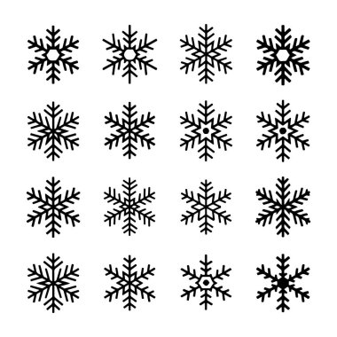 Different snowflake designs are displayed in a structured grid, emphasizing their unique shapes. These patterns represent winter and seasonal themes, suitable for various creative projects.