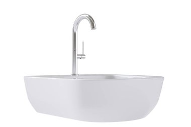 Beyaz arka planda krom musluğu olan beyaz banyo lavabosu. 3d illüstrasyon