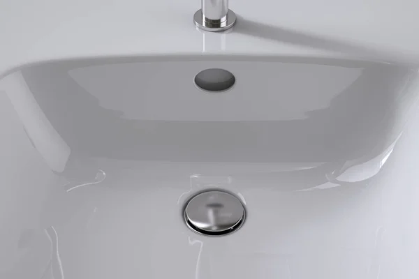 白色浴室水池 带有铬水龙头 与白色背景隔离 3D说明 — 图库照片