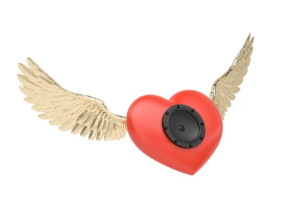 Heart speakers with gold wings,creative music symbols.3D illustration.
