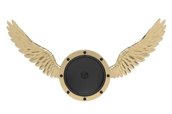 Speakers with gold wings,creative music symbols.3D illustration.