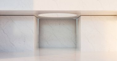 Beton duvarlı bir oda ve içinden ışık geçen beton zemin, üç boyutlu.