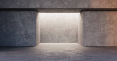 Beton duvarlı bir oda ve içinden ışık geçen beton zemin, üç boyutlu.