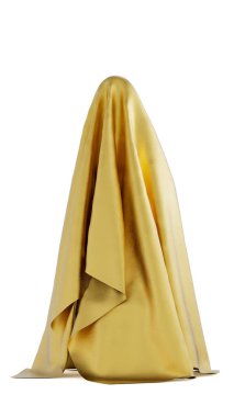 Üzerinde altın rengi olan bir masa örtüsü ve masa için beyaz arka planı olan beyaz bir masa örtüsü, 3 boyutlu çizim, hipergerçekçilik.