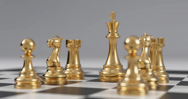 Jogo Dourado Chess Uma Placa Checkered Com Fundo Branco Assoalho — Fotografia de Stock