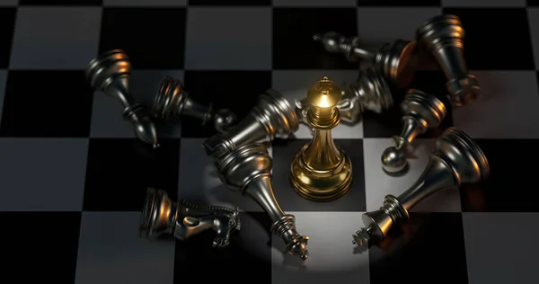 黒い背景をした金色のチェスセット3Dレンダリング — ストック写真
