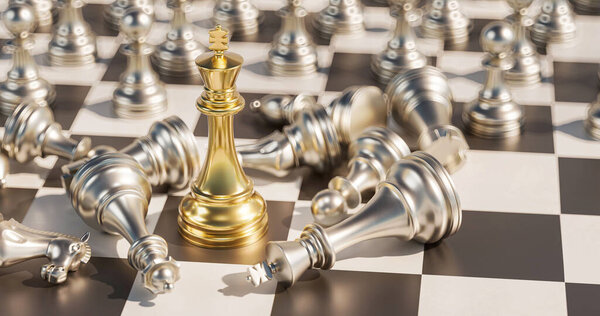 A chess board with a golden and silver chess set, 3D render