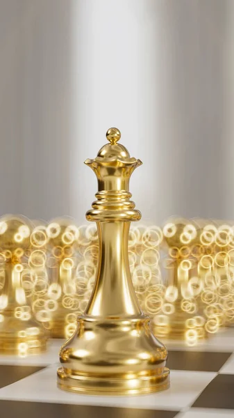 格子板に金のチェスセット3Dレンダリング — ストック写真