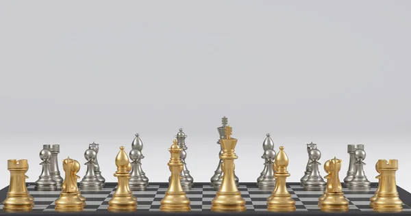 Šachovnice Zlatou Stříbrnou Šachovou Sadou Vykreslení — Stock fotografie