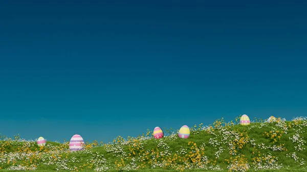 背景に青い空と前景に白い花がいくつかある丘の上の花や卵のフィールド3Dレンダリング — ストック写真