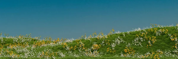 Üzerinde Çiçekler Olan Çimenli Bir Tepe Arkasında Birkaç Bulutla Mavi — Stok fotoğraf