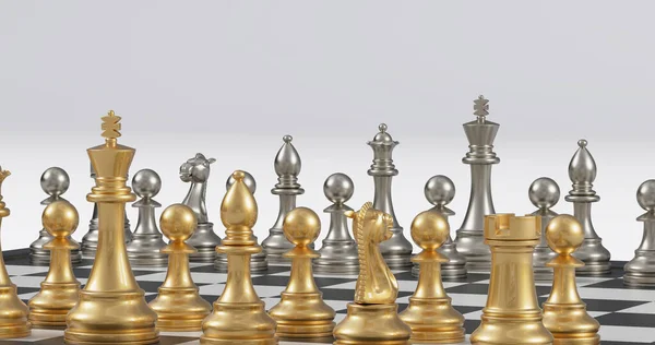 Chess Board Golden Silver Chess Set Render — Stock Photo, Image