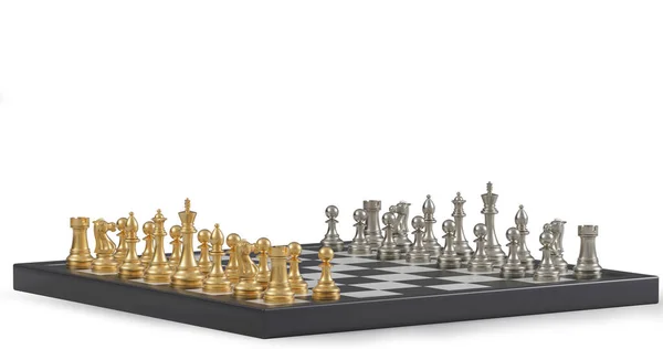 Ett Schackbräde Med Gyllene Och Silverfärgad Schackuppsättning Render — Stockfoto