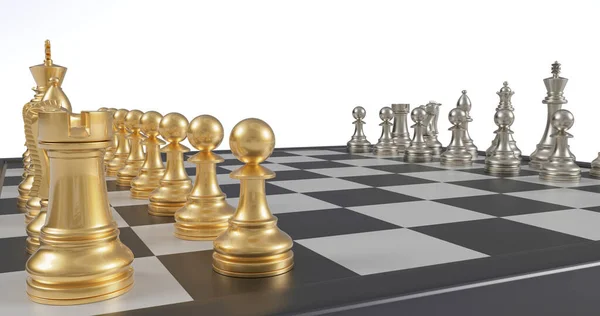 金色と銀のチェスセットのチェス盤3Dレンダリング — ストック写真