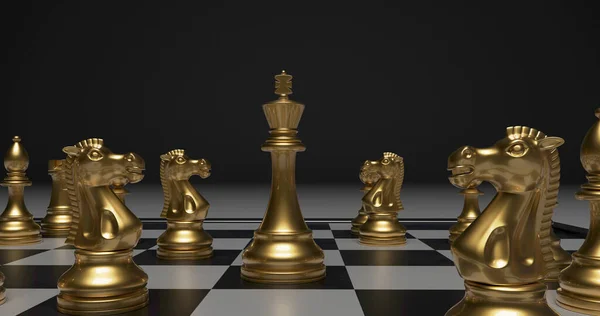 Zlatý Šachový Set Černým Pozadím Vykreslení — Stock fotografie