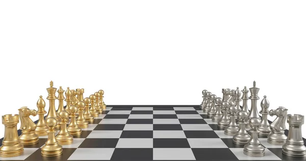 金色と銀のチェスセットのチェス盤3Dレンダリング — ストック写真