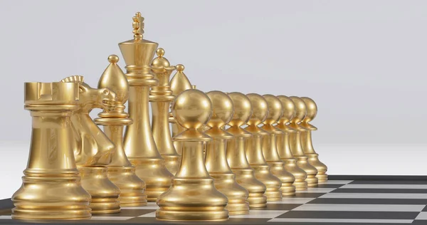 Ein Goldenes Schachspiel Auf Einem Karierten Brett Mit Weißem Hintergrund — Stockfoto